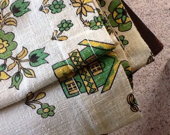 retro kitchen curtains in light beige with green and yellow print