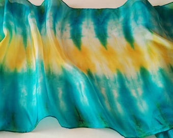 Hand Painted Silk Scarf in Bright Turquoise and Golden Yellows