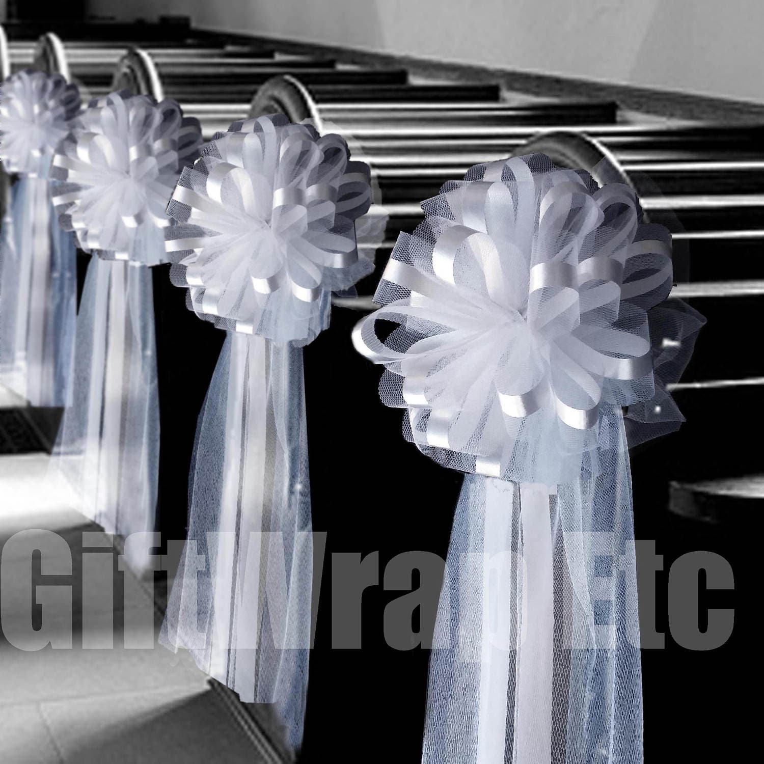 6 Large 10 White Assembled Pew Bows Tulle Satin Wedding 7745