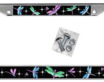 Dragonflies Auto License Plate Frame Personalize With Any Text Gifts Girls Ladies Plate Holder TXT Black Or Sky Background