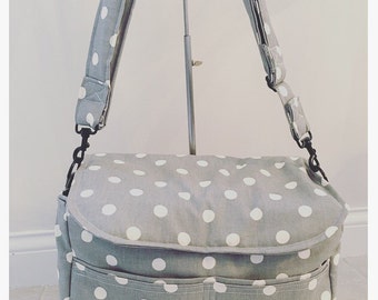 Large Camera Bag-cross body- grey polka dot made upon order