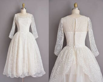 50s vintage dress. 50s white full lace tea length vintage classic wedding dress
