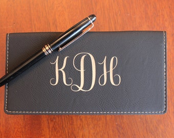 Black Leather Check Book Cover, Personalized Check Book Cover, Engraved Check Book Cover With Monogram Design, Monogram Checkbook Cover