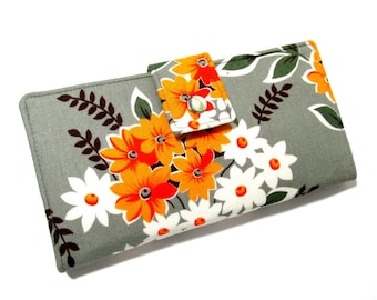 Handmade women wallet clutch - small yellow orange and white flowers bouquet in grey - ID clear pocket - Custom order