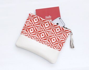 Leather Fold Over Clutch, Red and White Tribal Print, Evening Clutch, Folded Handbag