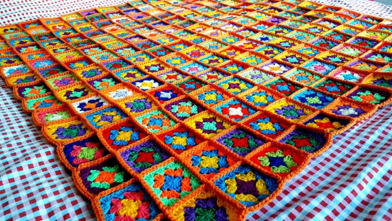In STOCK Bright Orange Crochet Blanket Granny Squares Afghan Ultra Colorful