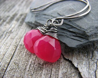 Neon Earrings Hot Pink Chalcedony Sterling Silver Earrings Wire Wrapped Jewelry Magenta Jewelry