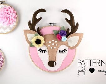 Faux Taxidermy Deer Antler Nursery Art Pattern Woodland Nursery Deer Sewing Pattern, Boho Nursery, Sleepy Eyes, Felt Pattern, Hoop Art
