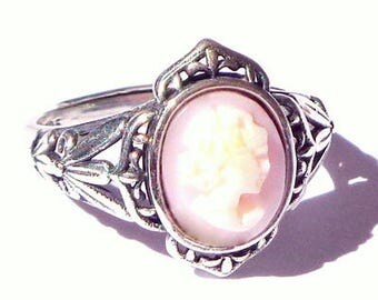 Hand Carved,Pink Conch Shell Cameo Ring,Antique Italian Cameo,New Adjustable Size, Sterling Silver Ring,Carved Baby Skin Pink Shell,OOAK