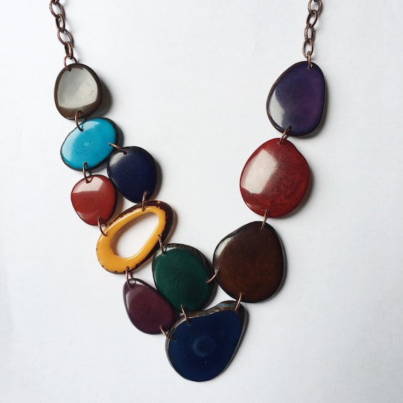 Tagua nut jewelry. Maroon blue green necklace. Cranberry purple brown Necklace. Turquoise. Mixed colors Necklace. Sela Designs. Jewel tones