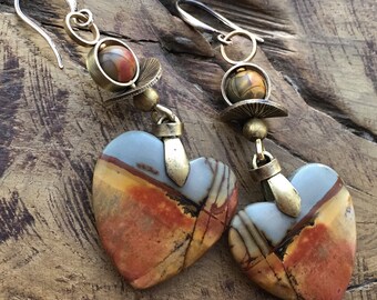 Jasper heart earrings, Rustic earrings, Picasso jasper, pastel blue - grey, sand yellow, brique red