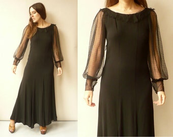 1940's Vintage Black Moss Crepe & Lace Bohemian Maxi Dress Size Small