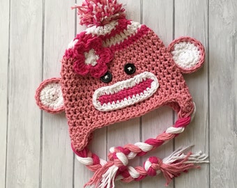 Crochet Pink Sock Monkey Hat Newborn to Toddler sizing Photography prop