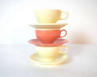 Mid Century Boontonware and Russell Wright Orange and Yellow Melamine Cups and Saucers