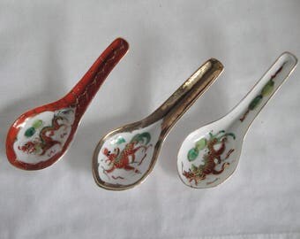 3 Vintage Chinese Soup Spoons All Different Dragons