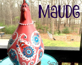 chicken, hen, rooster, bird, funny, gourd, gourd art, painted gourd, paisley, peach, orange, blue, decoration