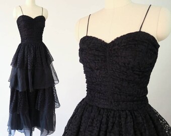 FRED PERLBERG 1950s Black Lace Gown / Vintage Designer Formal Dress