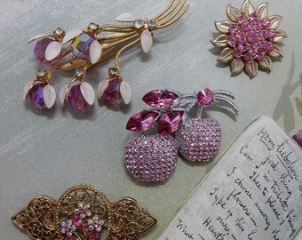 4 Pink Flower Brooch Lot OV41