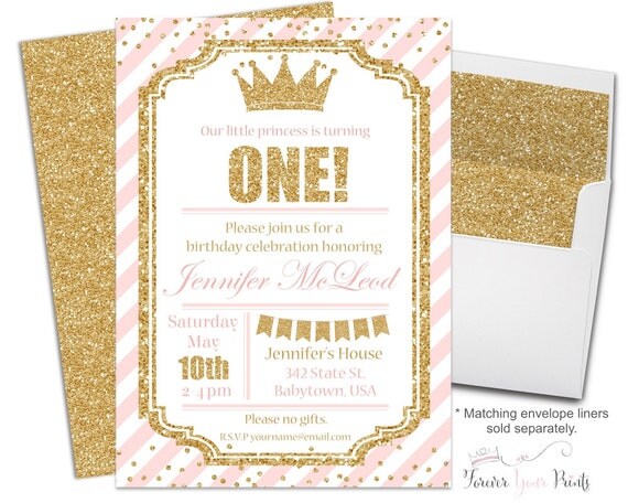 Princess Party Invitations - Princess Birthday Invites - Girls 1st Birthday Invitation - Princess Invitation - Pink and Gold - Turning One Il_570xn