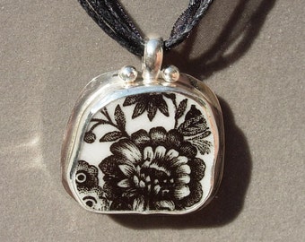 Broken China Pendant ~ Carr China Dayton Pattern ~ Black and White