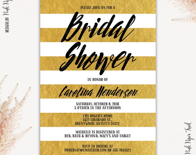 Gold and White Stripes and Black Bridal Shower Invitation, Gold Stripes Invites Printable Invitation