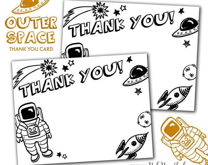 Outer Space Party Thank You Card, Astronaut Alien Space Ship Party Printable Thank You Card, Instant Download