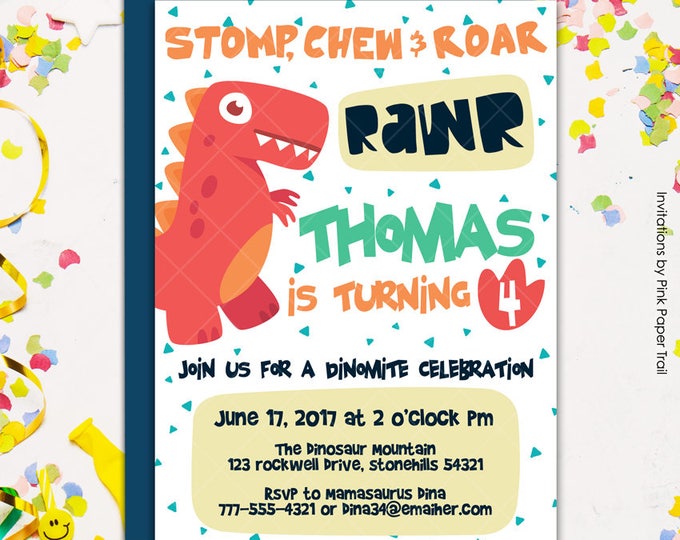 Cute Colorful Dinosaur Birthday Party Invitation, Dinomite Birthday Party Printable Invitation