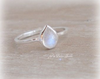 Rainbow Moonstone Ring Sterling Silver, Handmade, Stacking Ring, Boho Style Ring, Pear Shaped Gemstone, Bezel Set Ring, June Birthstone, NEW