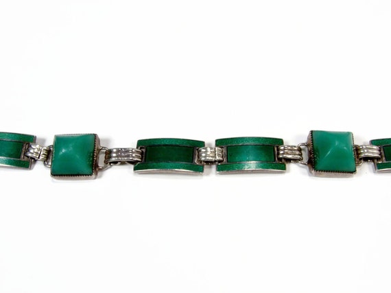 Art Deco Sterling Silver Bracelet Green Enamel Chrysoprase