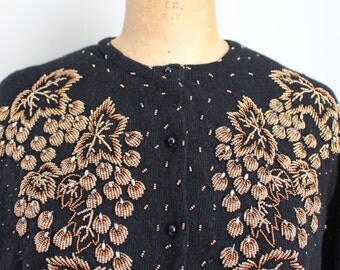 vintage 1950s beaded cardigan sweater - beaded sweater / bronze beaded cardigan - leaves & berries sweater / 50s beaded sweater
