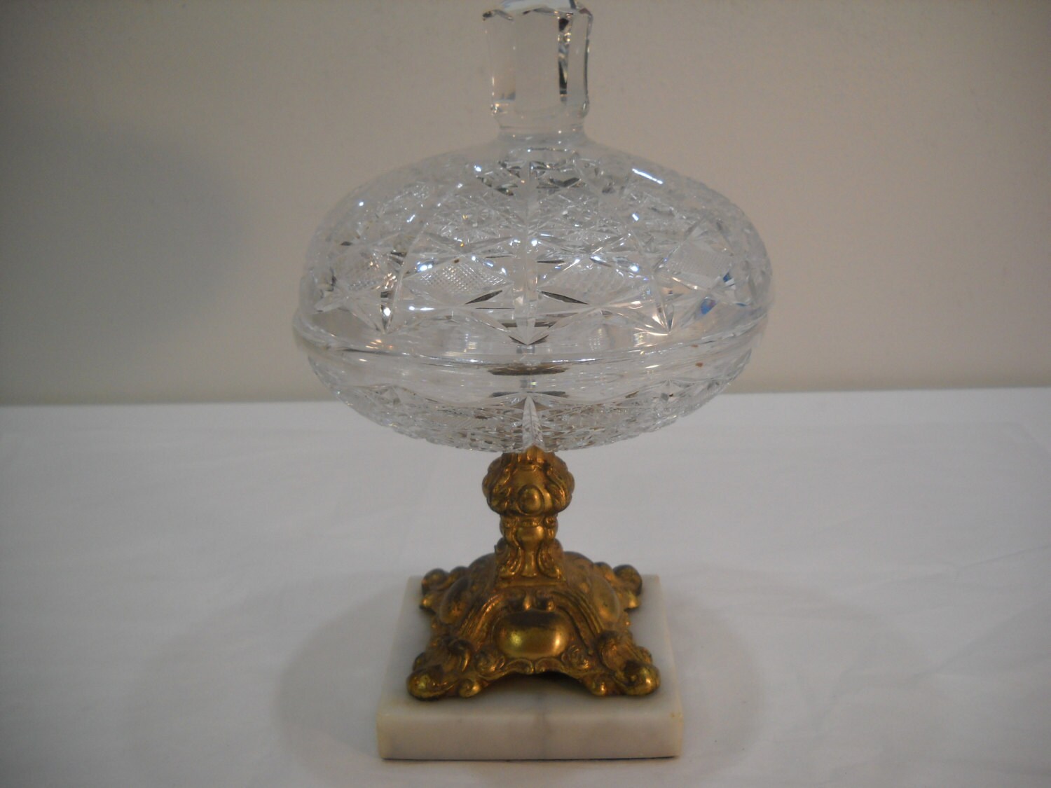 Vintage Crystal Glass Candy Dish Brass Pedestal Marble Base