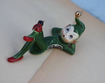 Vintage Ceramic Pixie, Elf, Ladybug, Josef Original, Japan, Green and Red