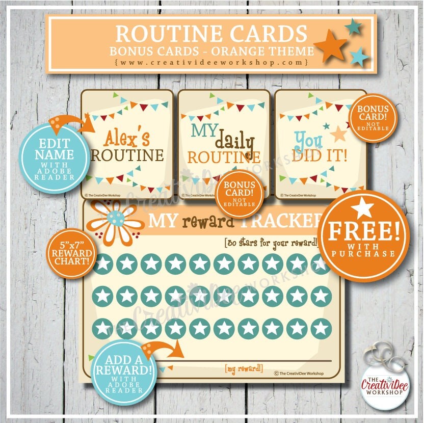 Bedtime Routine Cards Orange 9 Printable Cards Evening