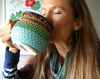 Pottery Mug, Handmade Pottery Coffee Mug, Tea Mug, Porcelain Dots, Dotty Mug by RiverStone Pottery