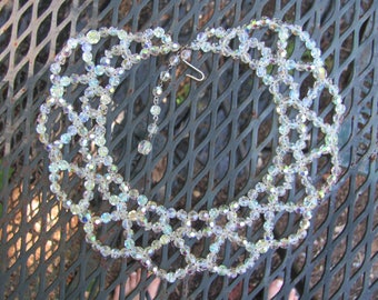 Vintage Bib Necklace Aurora Borealis Crystal Beads Bride Wedding Prom