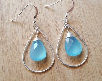 Blue Earrings - Gemstone Earrings - Chalcedony - Sterling Silver Earrings - Tear drop Earrings - Small Dangle Earrings - Handmade