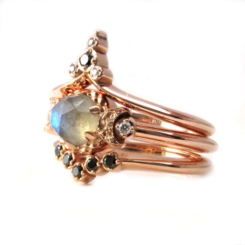Moon Temple Rose Gold Engagement Ring Set - Rose Cut Labradorite with ...