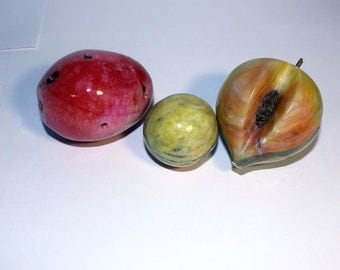 Marble Stone Fruits, Vintage Marble Peach, Strawberry, Alabaster Marble Fruits