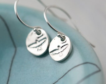 Sterling Silver Flying Bird Earrings | Summer Outdoors Tiny Hand Stamped Sterling Silver Earrings Dangle | Nature Lovers Gift Idea for Her