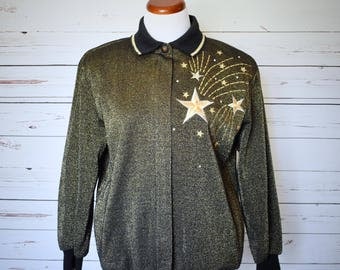 1990s Gold Shooting Star Track Jacket Bomber Style Shoulder Pads Womens Vintage Medium