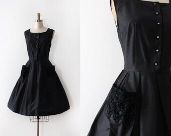 vintage 1950s dress // 50s black cotton floral dress