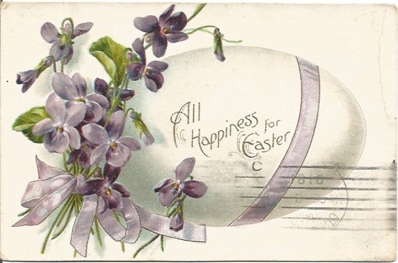 Large Easter Egg with Purple Ribbon and Purple Violets Happy Easter Greeting Vintage Postcard