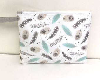 Large size wet bag. Grey and aqua feathers Great size wet bag for cloth nappy diapers.