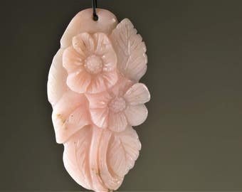 Sweet ~ Carved Peruvian Pink Opal Flower Thin Pendant - 58mm x 32mm x 6.5mm - B6930
