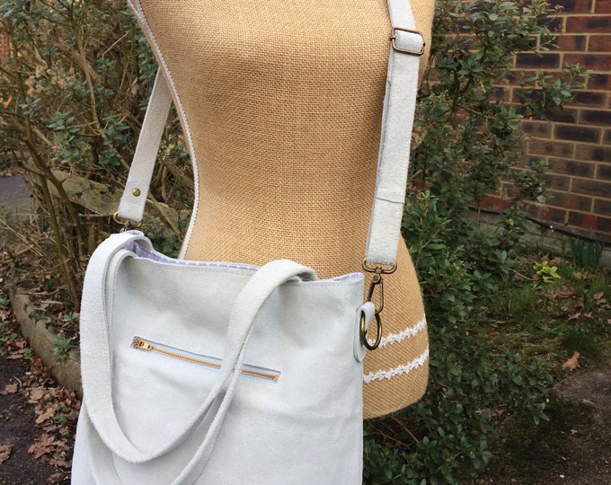 Handmade Suede bag - Hobo style bag made from light Grey/Silver suede-detachable strap-shoulder or hand held.Get 30% off see details