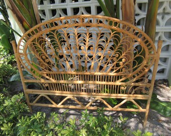 Shipping / PEACOCK MANIA / Lovely Wicker Natural Colored Full Headboard / Boho Beautiful / Palm Beach Chic / Florida Local Pick Up