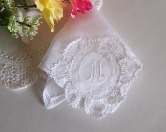 Lace Wedding Hanky Monogrammed M, Bridal Shower Gift, Bridesmaid Gift, Something Old Handkerchief for Happy Tears