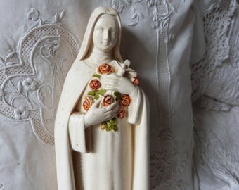 Antique French st Therese statue sculpture st. therese of Lisieux religious statue BIG saint St Theresa w cross Jesus Christ crucifix, roses