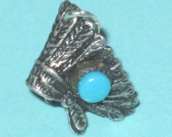 Vintage Sterling Silver Turquoise INDIAN CHIEF Feather Headdress Charm 1.5g