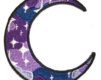 Galaxy Crescent Moon Iron On Patch Embroidery Sewing DIY Customise Denim Cotton Cute Stars Purple Blue Glitter Space